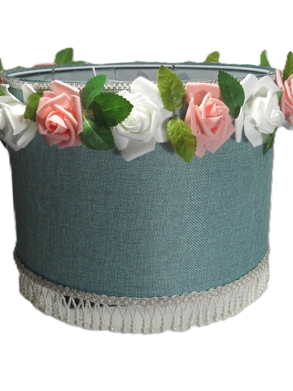 SHABBY CHIC LINEN LAMP SHADE + ROSES, 13" X 11" AQUA, with PINK + WHITE ROSES